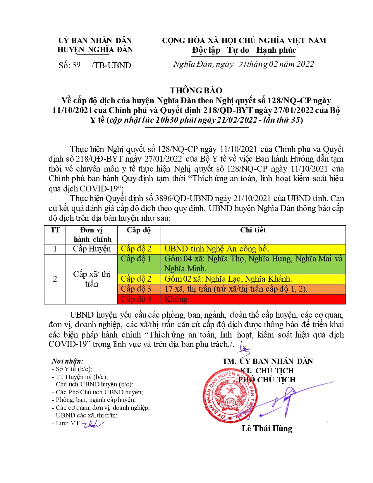 Thông báo cấp độ dịch của huyện Nghĩa Đàn ngày 21/2/2022